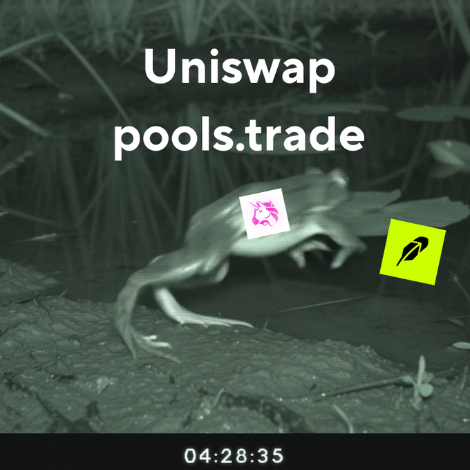 A night-vision trail camera captures a frog leaping, overlaid with the text "Uniswap pools.trade" and logos for Uniswap and PoolTrade, illustrating the post's announcement of Uniswap's new token launchpad platform called pools.trade that combines Pumpfun-style launches with automatic Uniswap liquidity.