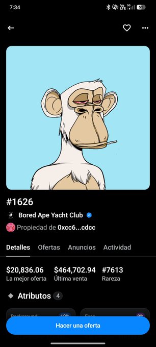 A mobile screenshot of Bored Ape Yacht Club NFT #1626 showing a smoking ape on a blue background, listed at $464,702.94 last sale, with a Spanish 'Hacer una oferta' (Make an offer) button.