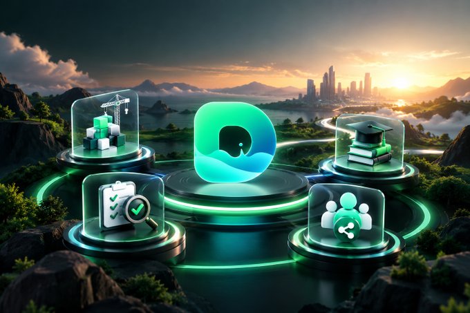 A digital artwork featuring a glowing green app icon at the center, surrounded by four floating holographic icons representing construction, education, task completion, and people, set against a futuristic landscape with a city skyline at sunset.