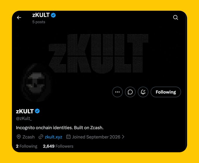 A Twitter/X profile page for zKULT (@zKult_) with 5 posts and 2,649 followers, describing itself as 'Incognito onchain identities. Built on Zcash.'