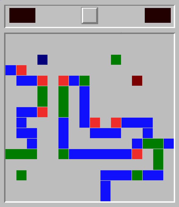 Screenshot of a retro-style pixelated game window with colored blue, green, and red square blocks arranged in an abstract layout.