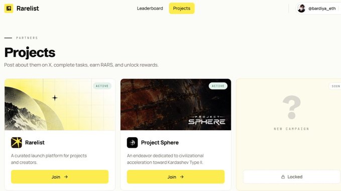 A screenshot of the Rarelist website Projects page showing 'Rarelist' and 'Project Sphere' as active campaigns available to join, with a third locked campaign coming soon.