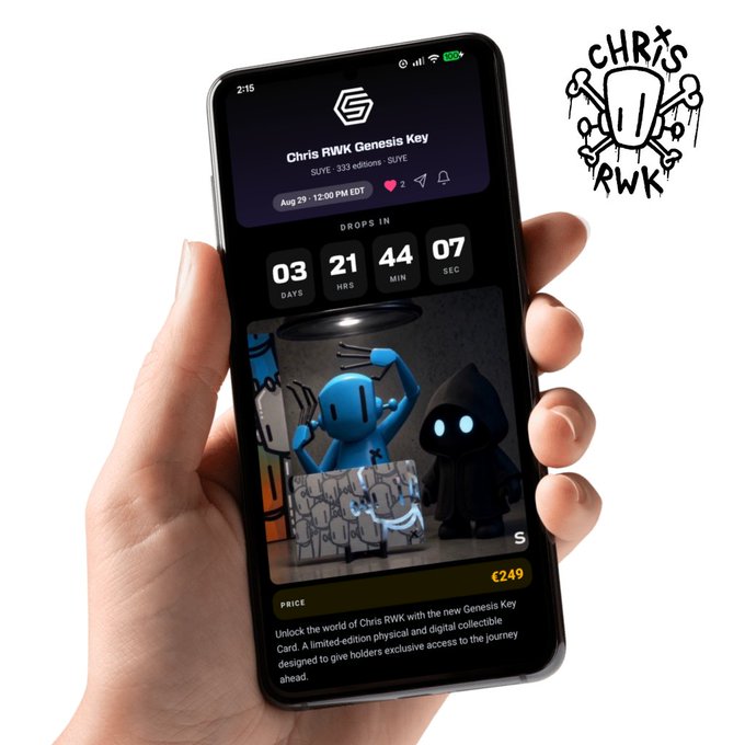 A hand holding a smartphone displaying a 'Chris RWK Genesis Key' NFT collectible page showing a 3-day countdown timer, pricing at €2.49, with a cartoon skeleton graphic in the corner.