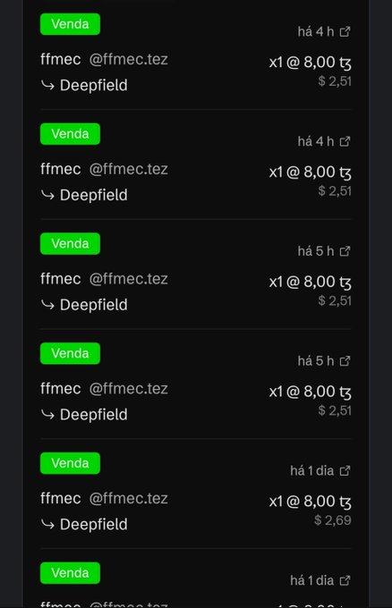 A screenshot shows multiple 'Venda' (Sale) transactions on a platform, all involving 'Deepfield' with prices around 8.00 and dollar values around $2.51 to $2.69, occurring over the past day.
