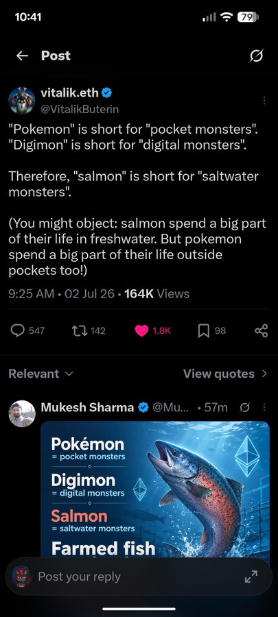 A tweet by vitalik.eth joking that 'salmon' is short for 'saltwater monsters', with a reply by Mukesh Sharma showing a salmon illustration labeled accordingly.
