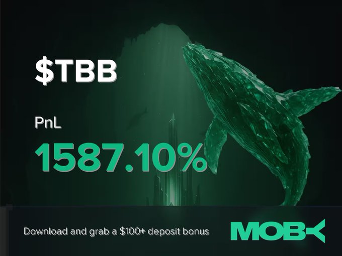 A green digital whale graphic floats above glowing green "$TBB 1587.10%" PnL figures, with a footer prompting viewers to "Download and grab a $100+ deposit bonus" alongside the Moby logo—visually reinforcing the post's announcement of a trader closing a TBB position for a massive +1587.10% gain on Moby Mobile.