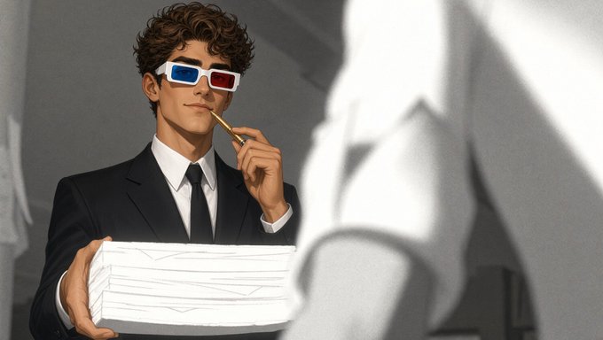 A digital illustration of a curly-haired man in a black suit and white shirt, wearing red-and-blue 3D glasses and holding a pen to his lips while presenting a stack of white papers.