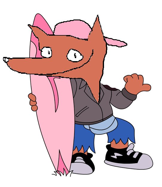A cartoon illustration of a fox-like character with orange fur and a long snout, wearing a grey jacket, blue shorts, and sneakers, while holding or interacting with a large pink shape.