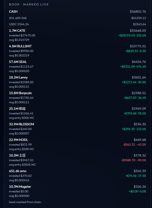 A financial portfolio dashboard titled 'BOOK - MARKED LIVE' showing cash balances and various crypto investments, including 1.7M CATE ($55668.03, +102.6%) and 4.5M BULLSHIT ($10775.51, +8.3%).