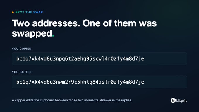 The image is a "Spot the Swap" security alert from Ellipal showing two Bitcoin-style wallet addresses that appear nearly identical, with the subtle difference at characters 14-17 where "cw14" in the copied address was changed to "wm2r" in the pasted address, illustrating how crypto clipper malware silently swaps clipboard contents to redirect funds to an attacker's wallet.
