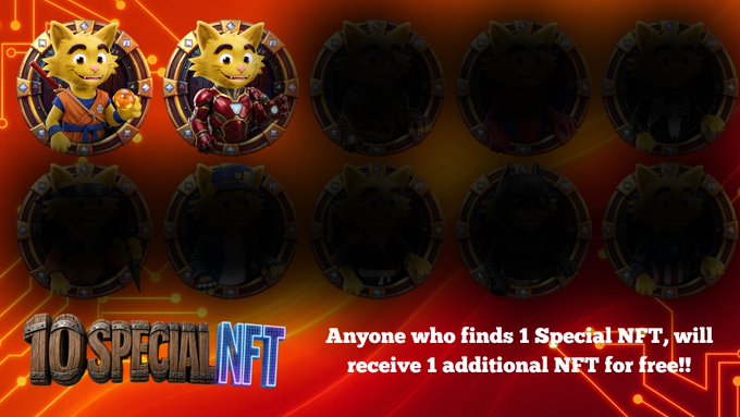 A promotional image for '10 SPECIAL NFT' displays circular character avatars with two revealed cat-like figures in costume, alongside text reading 'Anyone who finds 1 Special NFT, will receive 1 additional NFT for free!!'