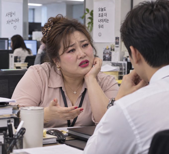 A woman with a concerned expression sits at a desk in an office, conversing with a man whose back is to the camera; Korean signs on the wall read '사람이 재산이다' (People are assets) and '오늘도 조금 더 나아지는 우리' (We who get a little better today).