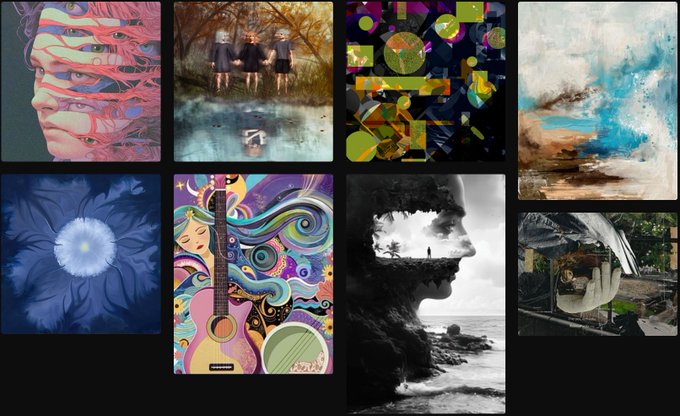 A collage of eight diverse digital artworks and photographs, including surreal portraits, abstract pieces, and landscapes with double-exposure effects.