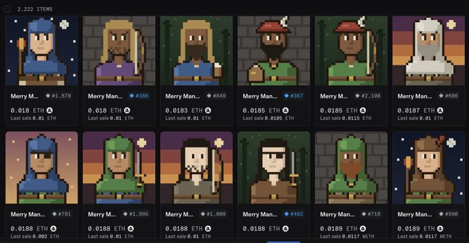 The image shows a grid of 12 pixel-art NFTs from the "Merry Men" collection on what appears to be OpenSea, each priced at 0.0188 ETH or 0.018 ETH, with various character designs in different colored hoods and hats. The collection features a "#MerryMenNFT" hashtag matching the user's mentioned Robinhood NFT purchase, with prices like 0.0188 ETH and IDs ranging from #686 to #4990 visible.