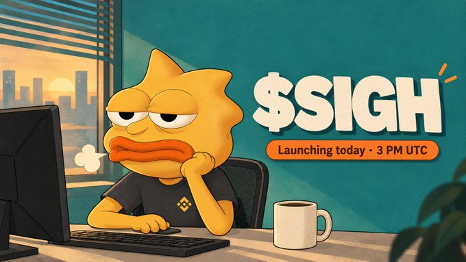 A cartoon fish mascot with an exasperated, unimpressed expression sits at a computer with steam rising from a coffee mug, beside bold text reading "$SIGH — Launching today · 3 PM UTC." The illustration matches the post's announcement of the "$SIGH" memecoin, visually embodying its "permanently unimpressed" mascot described in the caption.