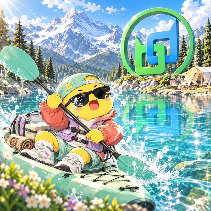 A digital illustration of an anime-style yellow character wearing sunglasses and outdoor gear while kayaking on a clear blue mountain lake, with a large green and blue logo in the background.
