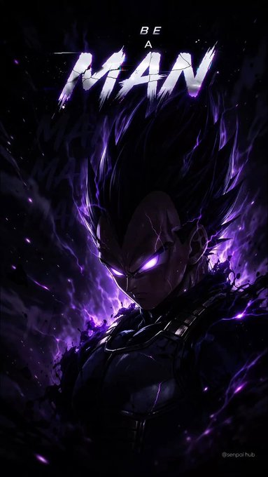 A dark, intense illustration of Vegeta with glowing purple eyes and aura, accompanied by the bold text "BE A MAN" at the top, fitting the post's playful challenge asking if Vegeta can get a GM (good morning) back.