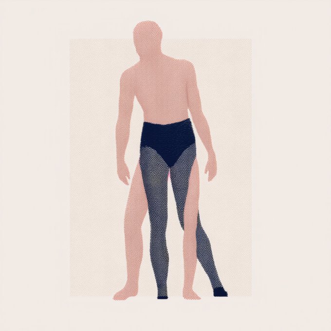 A minimalist, pixelated-style illustration of a faceless human figure wearing high-waisted dark blue briefs, rendered in pink and dark blue tones with a halftone dot texture against a beige background.