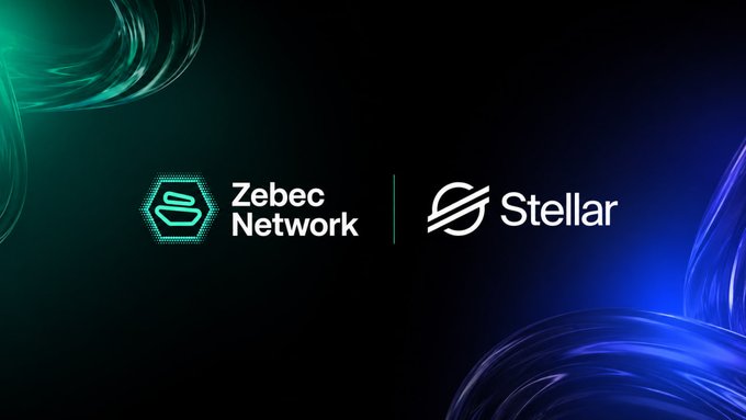 The image displays the logos of "Zebec Network" and "Stellar" side by side against a dark background with flowing teal and purple abstract light trails. It visually represents a partnership between the two blockchain entities, supporting the post's message that real crypto adoption is demonstrated by enterprises like Zebec using Stellar's infrastructure for onchain payroll—rather than just TVL metrics.