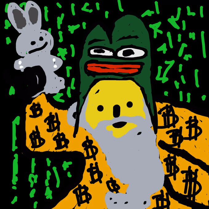 A crude, colorful digital drawing showing a green-faced figure with red lips and a gray creature with rabbit-like ears, surrounded by green symbols resembling currency signs and dollar signs on an orange background.