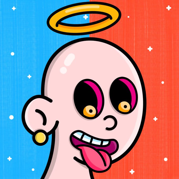 A cartoon illustration depicts a bald figure with large pink and black eyes, a wide smile with its tongue out, a gold earring, and a golden halo floating above its head against a split blue and red background.