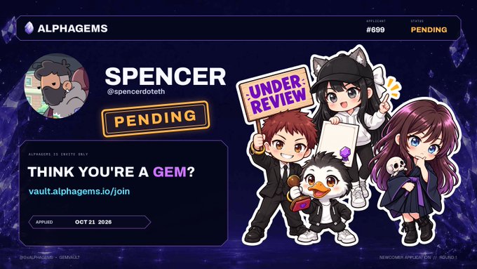 An ALPHAGEMS under-review card for “SPENCER” (@spencerdoteth) shows the status “PENDING,” invites users to “THINK YOU’RE A GEM?” at vault.alphagems.io/join, and features four cartoon mascots.