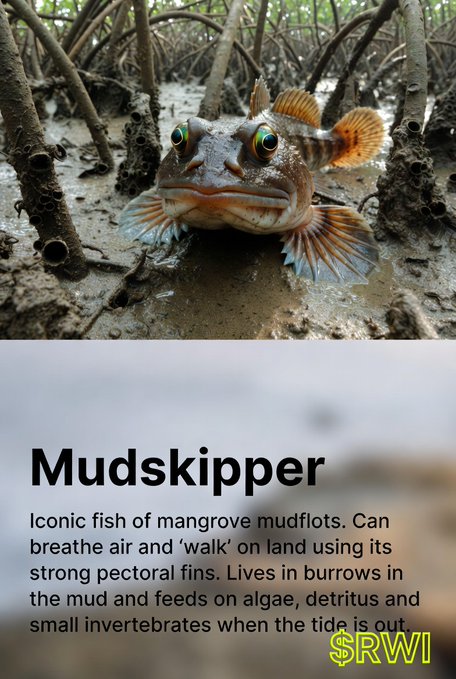 An informational graphic about the Mudskipper, featuring a photo of the fish in mangrove mudflots with text describing it as an 'Iconic fish of mangrove mudflots' that can breathe air and 'walk' on land using its pectoral fins, branded with the RWI logo.
