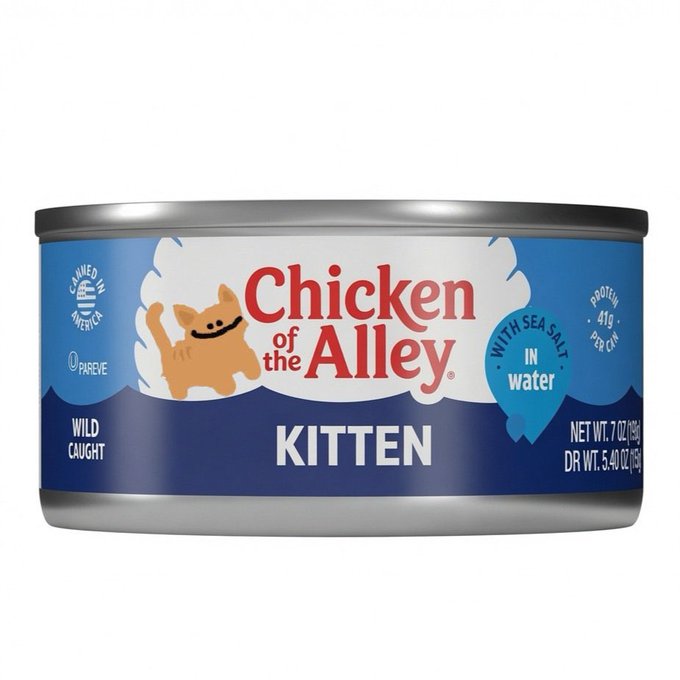 A can of 'Chicken of the Alley' cat food labeled 'Kitten', with sea salt and water, 2.02 oz (78g), made by Owned in America with Pareve certification and wild caught.