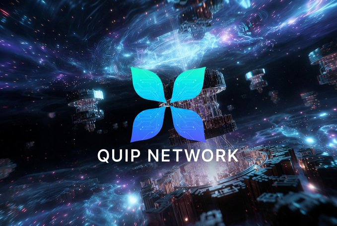 A futuristic space-themed logo for 'QUIP NETWORK' shows a stylized blue circuit-board four-leaf emblem over a glowing cosmic cityscape.