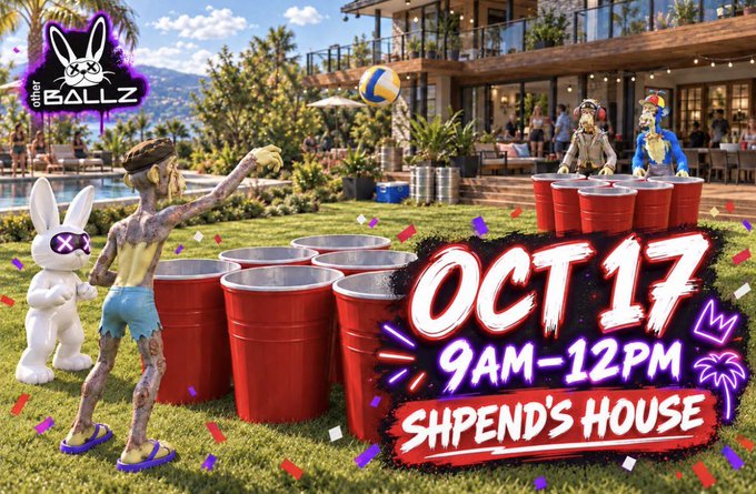A promotional graphic for an event titled 'Ballz' hosted by 'OtherBallz', scheduled for 'OCT 17, 9AM-12PM at SHPEND'S HOUSE', featuring surreal characters playing volleyball on a lawn with red cups.