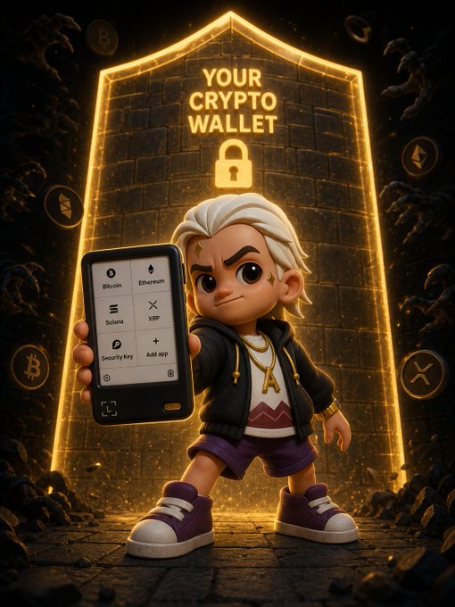 The image features a cartoon character holding up a cell phone with a message displayed on its screen. The text reads "Your Crypto Wallet", indicating that the character might be promoting or discussing cryptocurrency wallets. The scene takes place against a dark background, which contrasts with the bright neon lights surrounding the character and their phone.