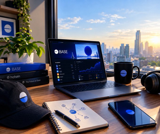A promotional image displays 'BASE' branded merchandise including a laptop showing the platform, a cap, mug, smartphone, and books with 'onchain' and 'The Future Is Open' visible, set against a city skyline.