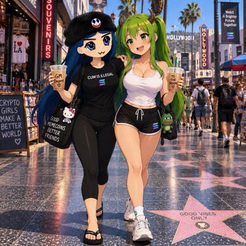 The image shows two anime-style characters—one in a black hat and shirt reading "CUM IS LEGAL" and another with green twin-tails in a white top—posing together on the Hollywood Walk of Fame, holding coffee cups near the stars for "Caterine Zeta-Jones" and "Roger Ebert," with "Souvenirs" and "Ripley's" visible in the background. The post's casual, irreverent tone about crypto communities ("retardio reorg," $sol, $retardio) pairs with the image's playful, meme-like aesthetic of two stylized anime girls enjoying a tourist day in LA.