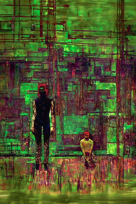 An expressionist painting with green and purple tones depicting two figures standing in front of a textured, abstract background.