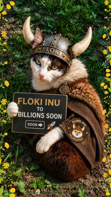 A cat dressed in a Viking costume with horned helmet and fur cloak holds a sign reading 'FLOKI INU TO BILLIONS SOON' with 'SOON →' and a rocket emoji, set in a field of yellow flowers.