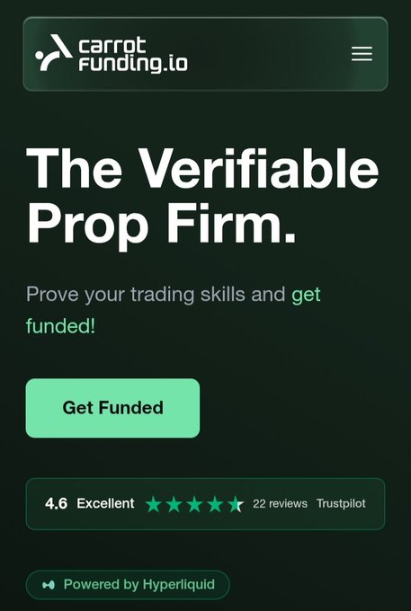 Carrot Funding.io mobile website landing page promoting itself as 'The Verifiable Prop Firm' with a 'Get Funded' button and a 4.6 Trustpilot rating, powered by Hyperliquid.