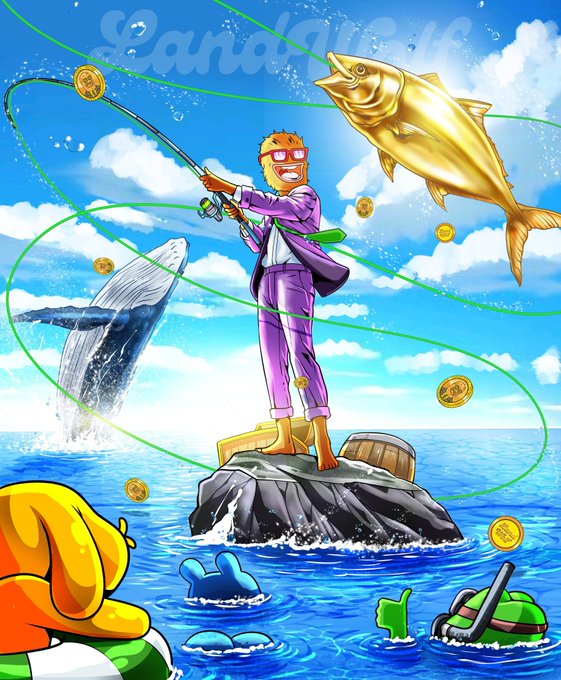 A vibrant illustration shows a fisherman in purple attire catching a golden fish amid floating gold coins, with "LandWolf" watermarked across the sky, alongside a breaching whale and ocean scenery—capturing the post's playful sentiment of preferring fishing over watching the $WOLF charts.