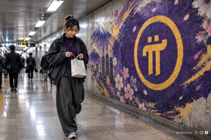 A woman in dark clothing walks through a subway station past a large purple and gold mural featuring a Japanese character and cherry blossoms.