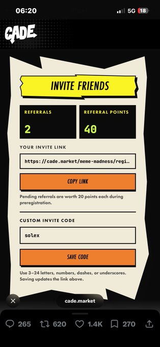 The image shows a "CADE" referral page displaying 2 referrals and 40 referral points, with an invite link for cade.market/meme-madness and a custom invite code "sotex." This relates to the post by showcasing the Meme Madness referral program on CADE Market, supporting the user's promotion of the 7-day prediction tournament with $100,000 in prizes.