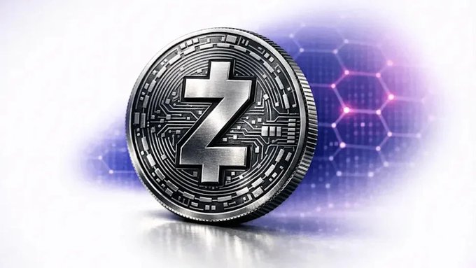 A 3D render of a silver cryptocurrency coin featuring a Zcash (ZEC) symbol on its face, set against a purple and white digital background with hexagonal patterns and glowing dots.