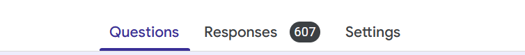 A close-up screenshot of a navigation bar showing the tabs 'Questions', 'Responses' (with a badge displaying '607'), and 'Settings'.