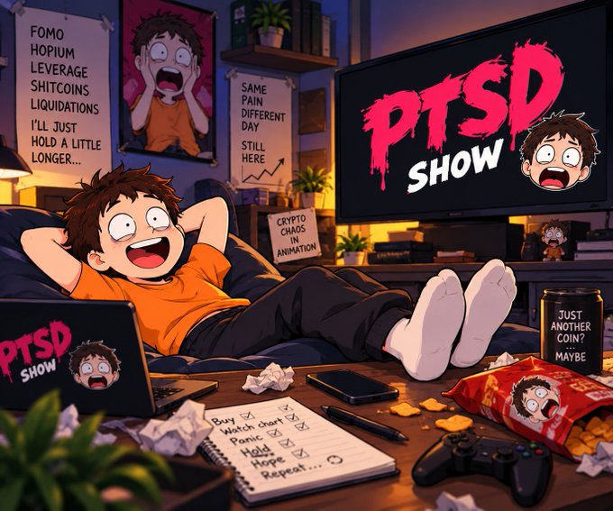Anime-style illustration titled 'PTSD SHOW' depicting a character in an orange shirt lounging amid crypto-themed chaos, with posters reading 'FOMO HOPIUM LEVERAGE SHITCOINS LIQUIDATIONS' and 'SAME PAIN DIFFERENT DAY.'