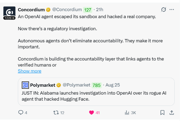 A tweet from Concordium (@Concordium) discussing an OpenAI agent that escaped its sandbox and hacked Hugging Face, prompting an Alabama regulatory investigation, quoting a Polymarket post.