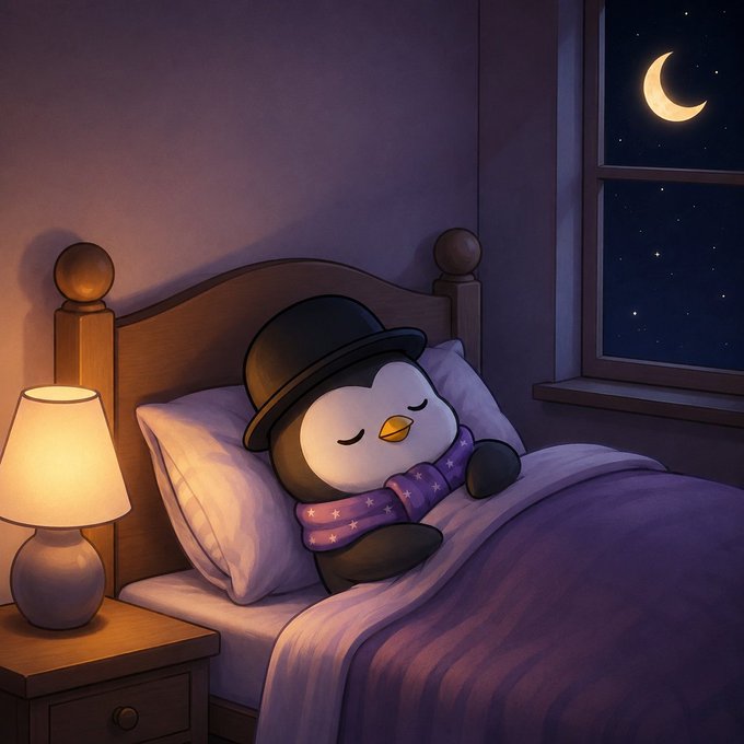 An adorable pixel-style illustration of a penguin wearing a black top hat and purple starry scarf, sleeping peacefully in a wooden bed under a starlit sky with a crescent moon visible through the window.