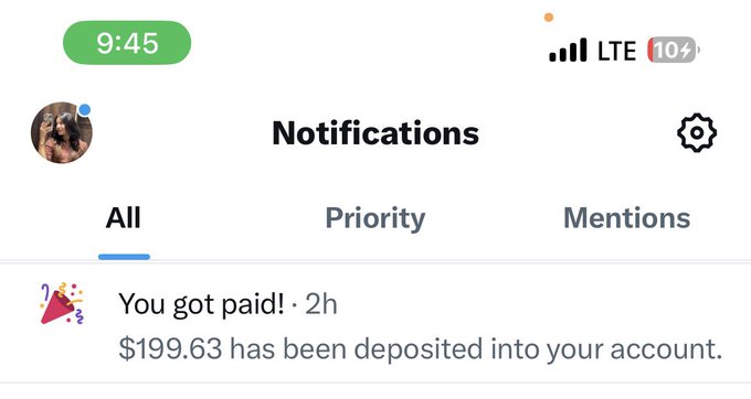 A screenshot of a mobile notifications screen shows a payment alert reading "You got paid! $199.63 has been deposited into your account" at 9:45. This image supports the post's claim of earning around $200 from promotions, which the poster plans to use to buy the $ANSEM token.