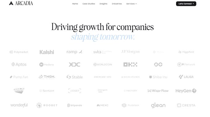The image shows the Arcadia website homepage featuring the tagline "Driving growth for companies, shaping tomorrow," with a logo wall displaying partners like Polymarket, Kalshi, Ramp, JPMorgan, Aptos, Hedera, XDC, Pump.fun, Stable, Ledger, Wispr Flow, MEXC, and Glean. The caption "real news is out there" aligns with Arcadia's visible network of established financial and crypto industry clients, suggesting meaningful developments are happening within these well-known partnerships rather than elsewhere.