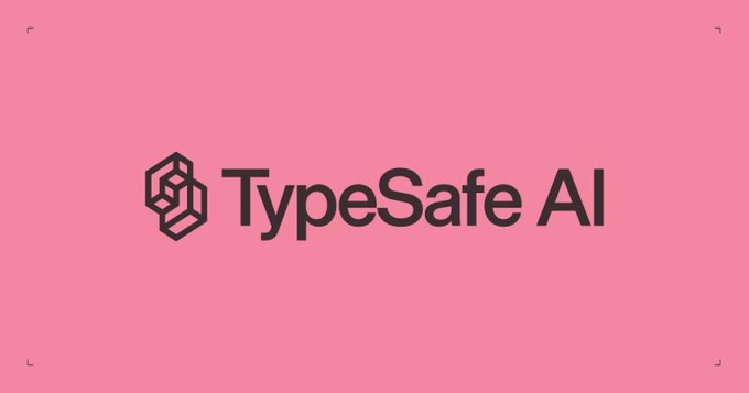 A pink background with the black text logo 'TypeSafe AI' and a geometric cube icon next to it.