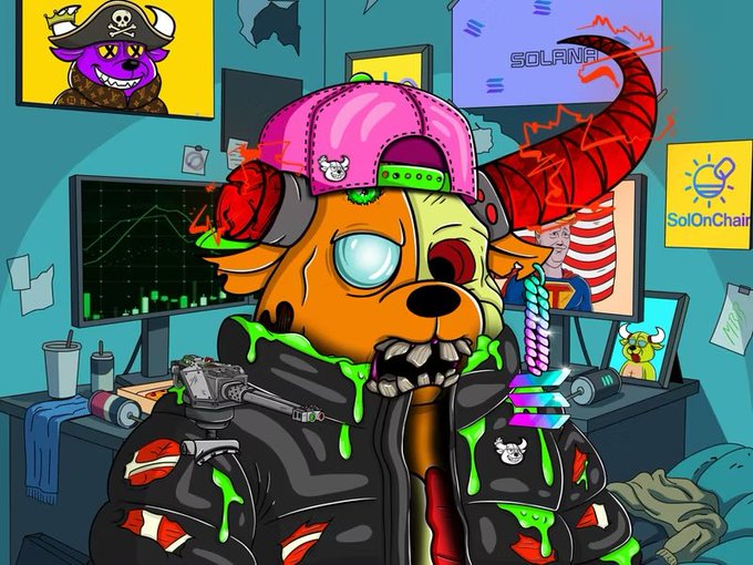 A vibrant cartoon illustration features a zombie-like dog character wearing a pink cap and black jacket with green slime dripping from it, set in a room decorated with crypto/NFT posters including 'SOLANA' and 'SolOnChain'.
