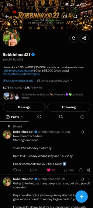 The Twitter/X profile page for 'Robbinhood21' (@robbinhood22), announcing a Kick livestream and giveaways.