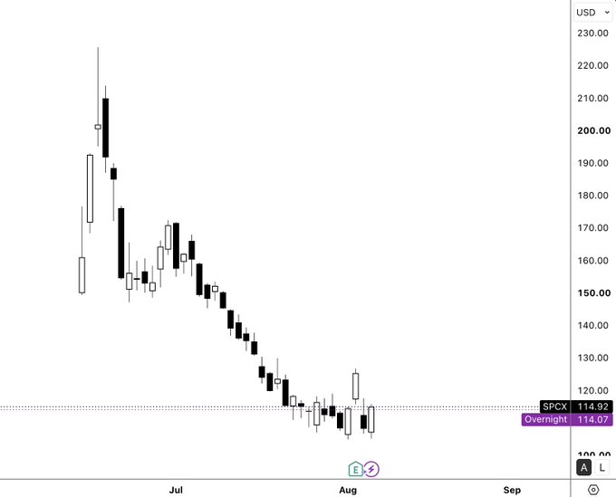 A candlestick chart displays a steep downtrend in price from approximately $225 to around $115 between July and August, with the current price marked at $114.92 (SPCX) and $114.07 (Overnight). The chart likely accompanies the post by illustrating the sharp decline in a crypto-related asset, possibly reflecting concerns about EIP-8363 increasing ETH's liquid supply, while also teasing commentary about a SpaceX IPO.